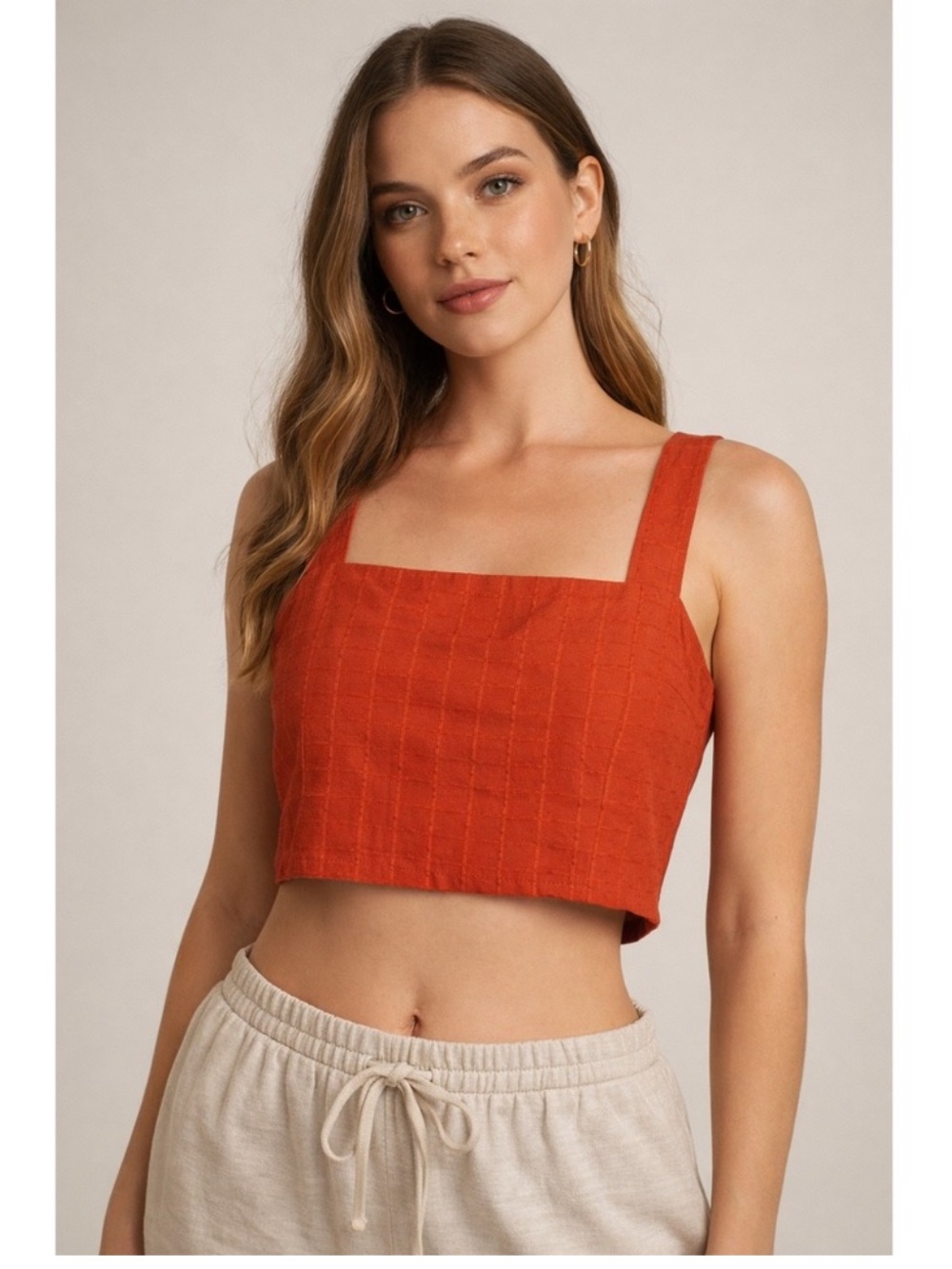 The Normal Brand Burnt Orange Grid Square Neck Smocked Crop M